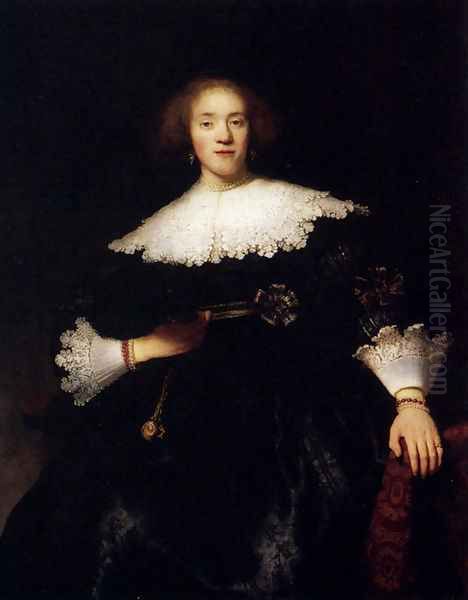 Portrait Of A Young Woman With A Fan Oil Painting by Harmenszoon van Rijn Rembrandt