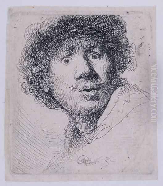 Self Portrait with a Cap, openmouthed Oil Painting by Harmenszoon van Rijn Rembrandt