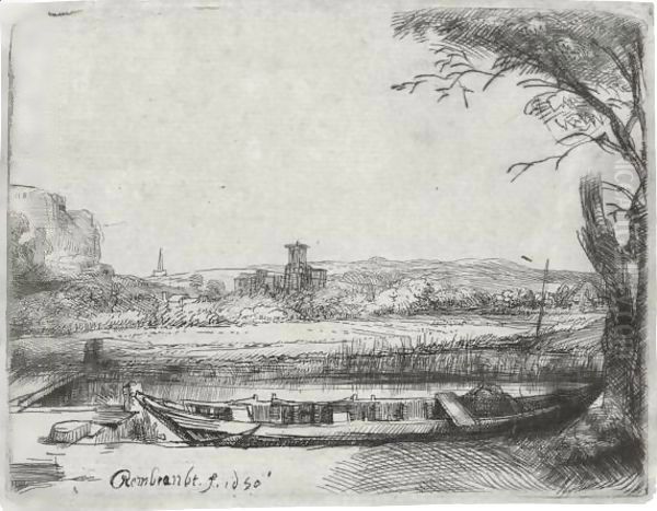 A Canal with a large Boat and Bridge Oil Painting by Harmenszoon van Rijn Rembrandt