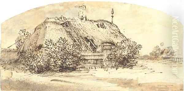 A ruined thatched cottage overgrown with bushes Oil Painting by Harmenszoon van Rijn Rembrandt