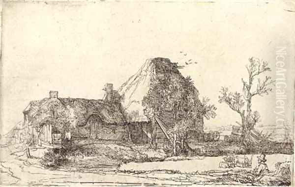 Cottages and Farm Buildings with a Man sketching Oil Painting by Harmenszoon van Rijn Rembrandt