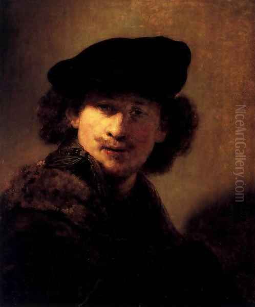 Self-Portrait with Velvet Beret and Furred Mantel Oil Painting by Harmenszoon van Rijn Rembrandt