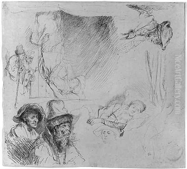 A Sheet of Studies, with a Woman Lying ill in Bed, etc. Oil Painting by Harmenszoon van Rijn Rembrandt