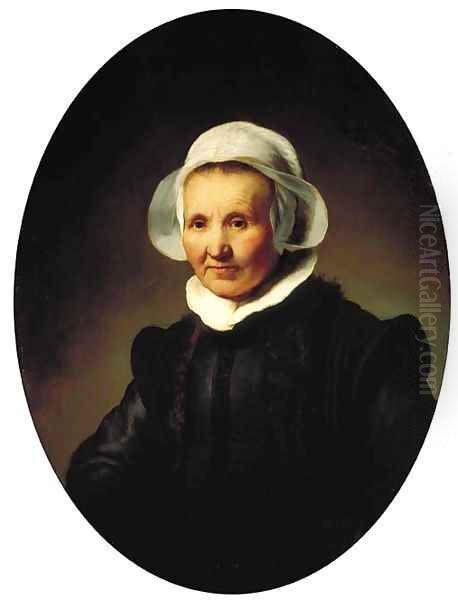 Portrait of a lady, aged 62, perhaps Aeltje Pietersdr. Uylenburgh, wife of Johannes Cornelisz. Sylvius, half-length, in black costume Oil Painting by Harmenszoon van Rijn Rembrandt