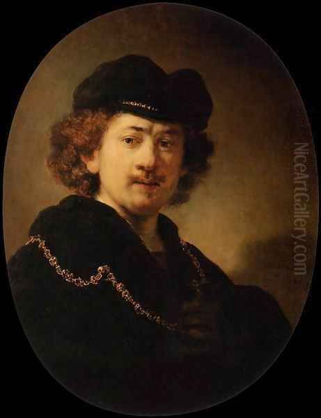 Self-Portrait Wearing a Toque and a Gold Chain Oil Painting by Harmenszoon van Rijn Rembrandt