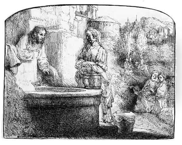 Christ and the Woman of Samaria An arched Print Oil Painting by Harmenszoon van Rijn Rembrandt
