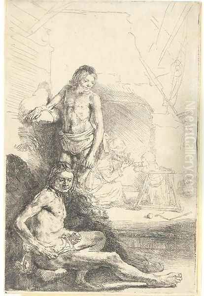 Nude Man seated and another standing, with a Woman and a Baby lightly etched in the Background Oil Painting by Harmenszoon van Rijn Rembrandt