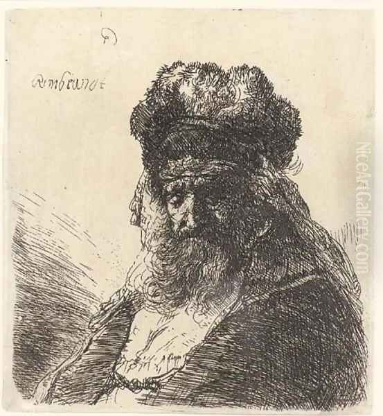 An old bearded Man in a high Fur Cap, with Eyes closed Oil Painting by Harmenszoon van Rijn Rembrandt