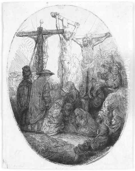 Christ crucified between the two Thieves An oval Plate Oil Painting by Harmenszoon van Rijn Rembrandt