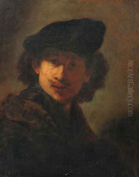 Portrait of the artist in a cap and a fur-trimmed cloak Oil Painting by Harmenszoon van Rijn Rembrandt