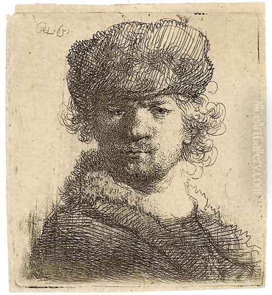 Self-Portrait in a heavy Fur Cap Bust Oil Painting by Harmenszoon van Rijn Rembrandt