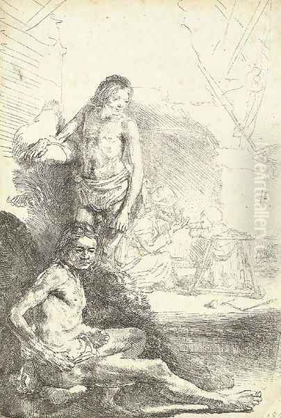 A nude Man seated and another standing, with a Woman and a Baby lightly etched in the Background Oil Painting by Harmenszoon van Rijn Rembrandt