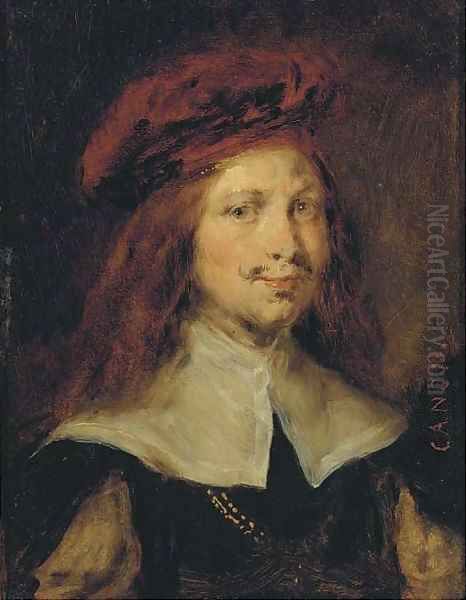 Portrait of a gentleman, bust length, wearing a red cap Oil Painting by Harmenszoon van Rijn Rembrandt