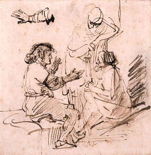 Joseph in Prison interpreting the Dreams of the Pharaoh's Baker and Butler, and a subsidiary study of an arm gesturing Oil Painting by Harmenszoon van Rijn Rembrandt
