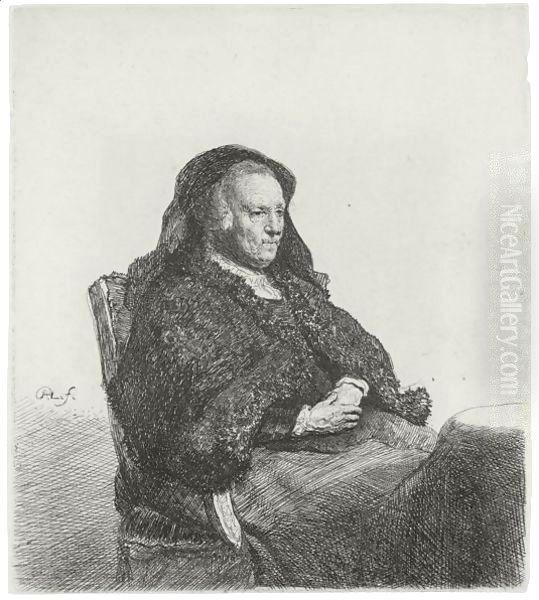 The Artist's Mother seated at a Table looking right Three-quarter Length Oil Painting by Harmenszoon van Rijn Rembrandt