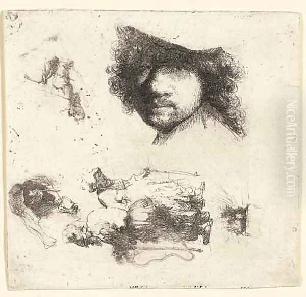 Sheet of Studies Head of the Artist, a Beggar Couple, Heads of an old Man and an old Woman, etc. Oil Painting by Harmenszoon van Rijn Rembrandt