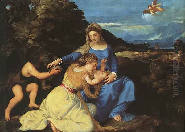 Madonna and Child with the Young St. John the Baptist and St. Catherine 1530 Oil Painting by Tiziano Vecellio (Titian)