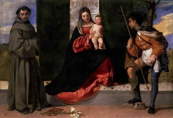 Madonna and Child with Sts Anthony of Padua and Roch 2 Oil Painting by Tiziano Vecellio (Titian)
