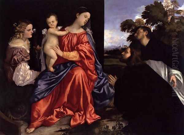Madonna and Child with Sts Catherine and Dominic and a Donor 2 Oil Painting by Tiziano Vecellio (Titian)
