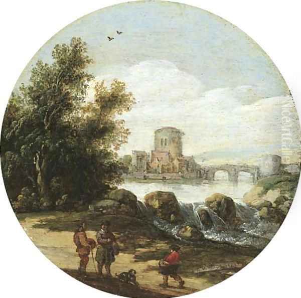 A river landscape with travellers on a path near a waterfall, a small village beyond Oil Painting by Esaias Van De Velde