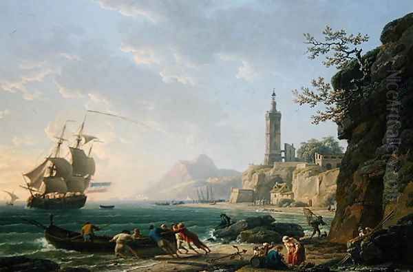 A Coastal Mediterranean Landscape with a Dutch Merchantman in a Bay, 1769 Oil Painting by Claude-joseph Vernet