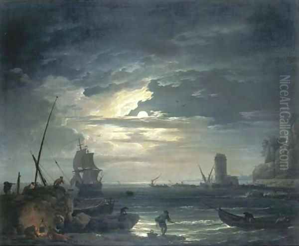 A Mediterranean inlet by moonlight with fisherfolk cooking by a rock, a three-master about to drop anchor and a tower beyond Oil Painting by Claude-joseph Vernet
