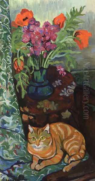 Cat Lying in front of a Bouquet of Flowers Oil Painting by Suzanne Valadon
