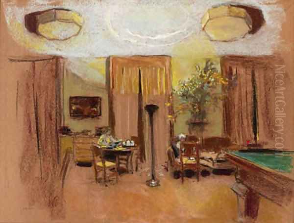 Lucie Hessel et Lulu dans le billard aux Clayes Oil Painting by Jean-Edouard Vuillard