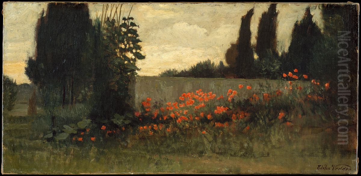 Cypress and Poppies Oil Painting by Elihu Vedder