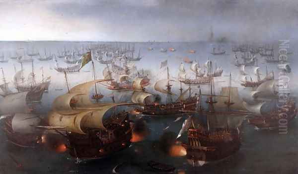 Battle between England and Spain 1588 Oil Painting by Cornelis Hendricksz. The Younger Vroom