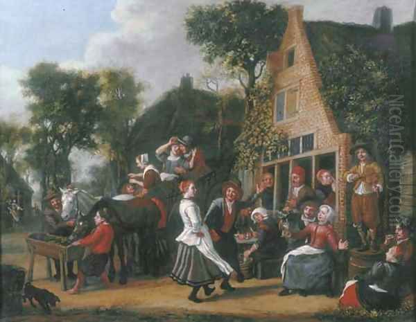 Peasants making merry and a wagon halting outside an inn Oil Painting by Jan Victors