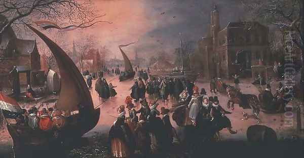 A village in winter with gentry ice-sailing Oil Painting by David Vinckboons I