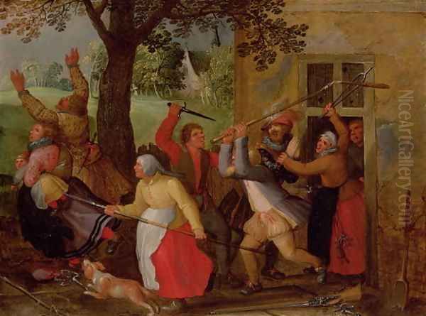 Country Pub Brawl Oil Painting by David Vinckboons I