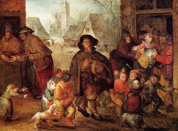 The Blind Hurdy Gurdy Player Oil Painting by David Vinckboons I