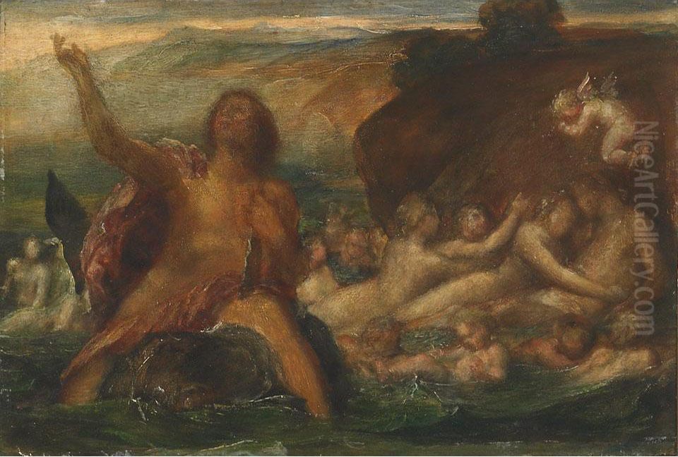 Neptune Riding A Dolphin With Nereids, Tritons And Cherubs Ridingthe Swell Oil Painting by Arnold Bocklin
