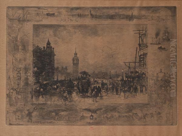 Westminster Bridge Ou Westminster Clock Tower Oil Painting by Felix-Hilaire Buhot