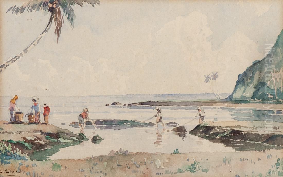 Shrimp Fishers On The Coast Of Bantam - Java Oil Painting by Leo Eland