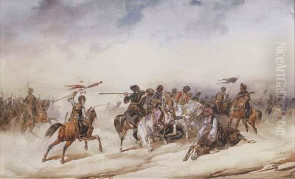 Turkish Cavalry In Battle Skirmish Oil Painting by Noel-Dieudonne Finart