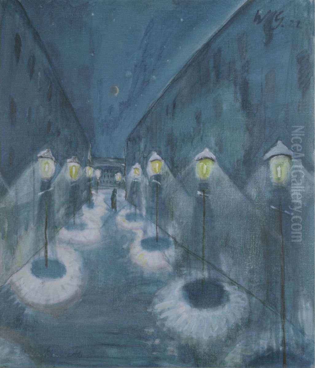 Nachtliche Strasse (street By Night) Oil Painting by Walter Gramatte