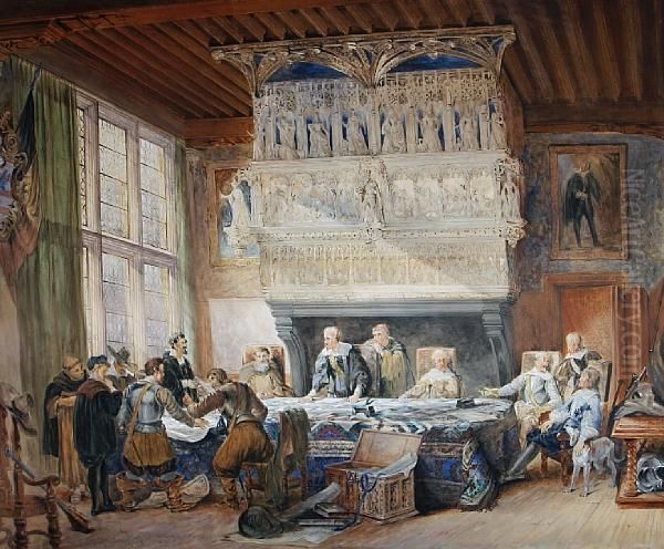 Council Of War In The Town Hall, Courtray Oil Painting by Louis Haghe