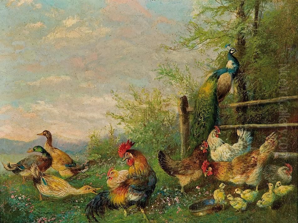 Birds On The Yard. Duck, Cock,hens Oil Painting by Max I Hanger