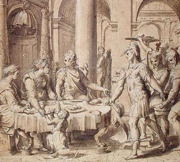 The Banquet of Dido and Aeneas, model for a tapestry in the Story of Aeneas series, c.1532 Oil Painting by Perino Del Vaga (Pietro Bonaccors