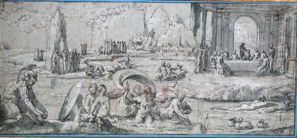 Scenes from the Story of Perseus, study for a fresco in the Sala del Perseo of the Castel Sant' Angelo, Rome, c.1546 Oil Painting by Perino Del Vaga (Pietro Bonaccors