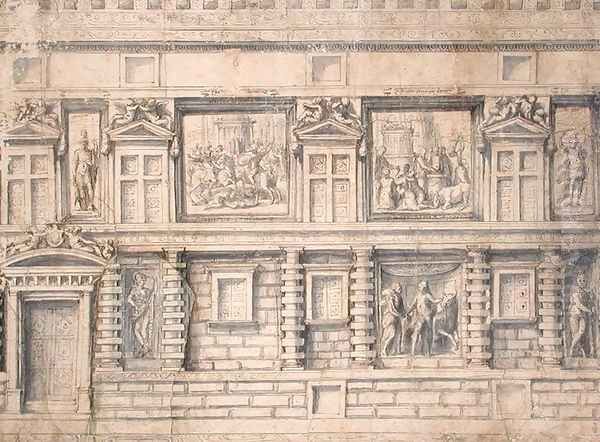 Facade with statues and reliefs, project for the Palazzo Doria in Genoa Oil Painting by Perino Del Vaga (Pietro Bonaccors