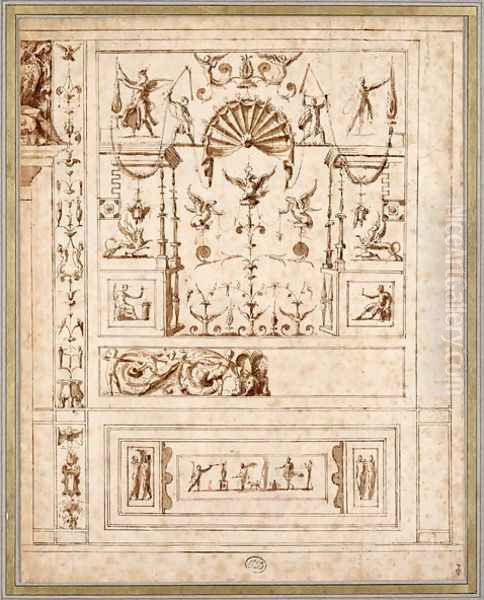 Design for a mural decoration with grotesques for the Cagliostra of the Castel Sant Angelo in Rome, c.1544 Oil Painting by Perino Del Vaga (Pietro Bonaccors