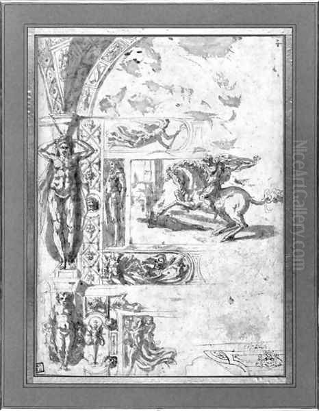 Project design for a mural decoration, c.1544 Oil Painting by Perino Del Vaga (Pietro Bonaccors
