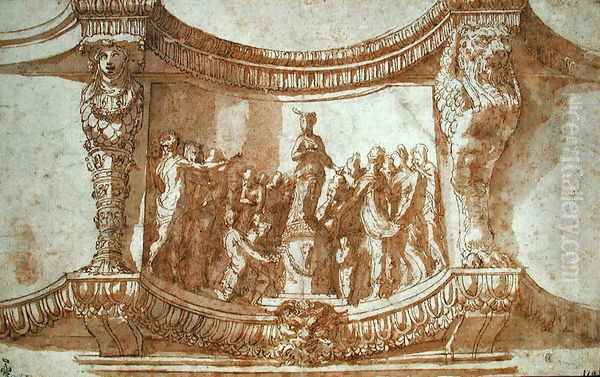 Hemicylindrical pedestal with a group worshipping a statue of Diana, c.1522 Oil Painting by Perino Del Vaga (Pietro Bonaccors