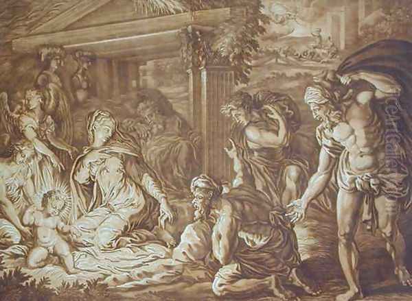 The Adoration of the Shepherds, engraved by Elishah Kirkhall (1682-1742) 1724 Oil Painting by Perino Del Vaga (Pietro Bonaccors