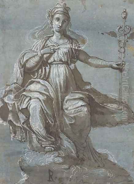 An allegory of Rhetoric holding a caduceus Oil Painting by Perino Del Vaga (Pietro Bonaccors