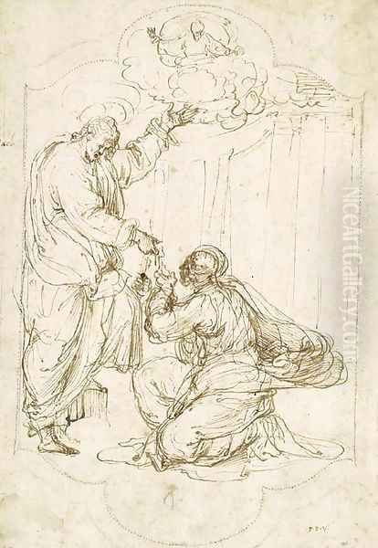 Christ Handing The Keys To Saint Peter, God The Father Above Design For An Embroidery Oil Painting by Perino Del Vaga (Pietro Bonaccors